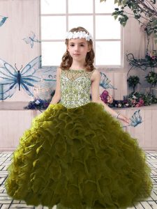 Great Olive Green Ball Gowns Tulle Scoop Sleeveless Beading and Ruffles Floor Length Lace Up Pageant Dress