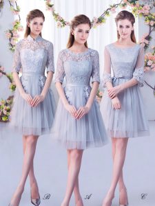Scoop Half Sleeves Lace Up Court Dresses for Sweet 16 Grey Tulle