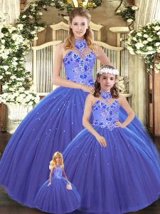 Modest Blue Sleeveless Embroidery Lace Up Vestidos de Quinceanera