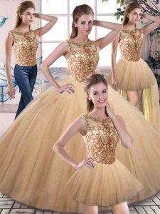 Glamorous Floor Length Lace Up 15 Quinceanera Dress Gold for Military Ball and Sweet 16 and Quinceanera with Beading