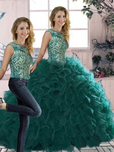 Excellent Sleeveless Floor Length Beading and Ruffles Lace Up Quinceanera Gown with Peacock Green