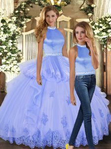 Lovely Two Pieces 15th Birthday Dress Lavender Halter Top Tulle Sleeveless Floor Length Backless