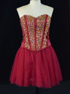Wine Red Lace Up Dress for Prom Beading Sleeveless Mini Length