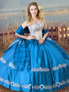 Flirting Satin Sweetheart Sleeveless Lace Up Beading and Embroidery Quinceanera Gowns in Baby Blue