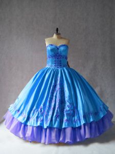 Luxurious Satin and Organza Sweetheart Sleeveless Lace Up Embroidery 15th Birthday Dress in Blue