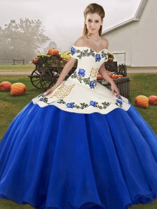 Embroidery and Ruffles Ball Gown Prom Dress Blue And White Lace Up Sleeveless Floor Length