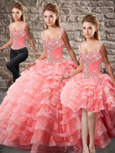 Custom Designed Watermelon Red Ball Gowns Organza Straps Sleeveless Beading and Ruffled Layers Lace Up Quinceanera Dress Court Train