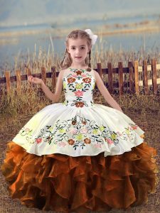Rust Red Lace Up Little Girl Pageant Gowns Embroidery and Ruffles Sleeveless Floor Length