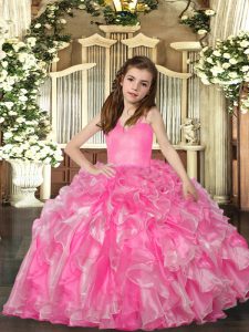 High Quality Floor Length Rose Pink Pageant Gowns For Girls Organza Sleeveless Ruffles