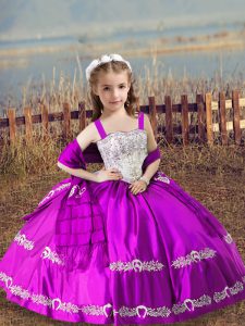Sweet Fuchsia Satin Lace Up Little Girls Pageant Dress Wholesale Sleeveless Floor Length Beading and Embroidery