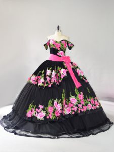 Colorful Brush Train Ball Gowns 15th Birthday Dress Black Off The Shoulder Tulle Sleeveless Lace Up