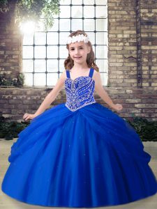 Floor Length Royal Blue Pageant Dress Straps Sleeveless Lace Up