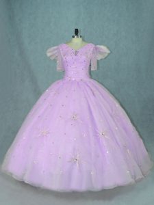 Lavender Ball Gowns V-neck Sleeveless Organza Floor Length Zipper Beading Quinceanera Gowns