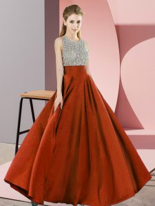 Custom Fit Elastic Woven Satin Scoop Sleeveless Backless Beading Celebrity Evening Dresses in Rust Red
