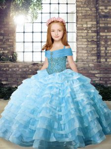 Ball Gowns Sleeveless Aqua Blue Girls Pageant Dresses Brush Train Lace Up