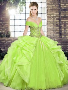 Flare Sleeveless Floor Length Beading and Ruffles Lace Up Ball Gown Prom Dress with Yellow Green