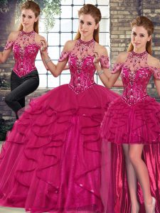 Sleeveless Tulle Floor Length Lace Up 15th Birthday Dress in Fuchsia with Beading and Ruffles