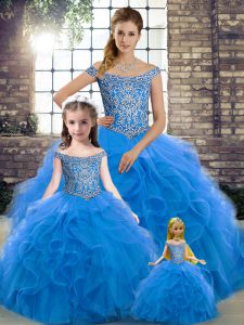 Vintage Off The Shoulder Sleeveless Quinceanera Dress Brush Train Beading and Ruffles Blue Tulle