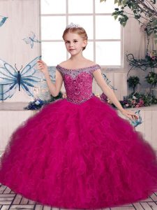 Floor Length Fuchsia Little Girls Pageant Gowns Off The Shoulder Sleeveless Lace Up