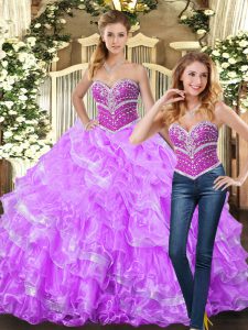 Lilac Ball Gowns Organza Sweetheart Sleeveless Beading and Ruffles Floor Length Lace Up Sweet 16 Dresses