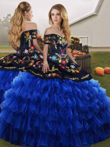 Blue And Black Organza Lace Up Off The Shoulder Sleeveless Floor Length Quince Ball Gowns Embroidery and Ruffled Layers
