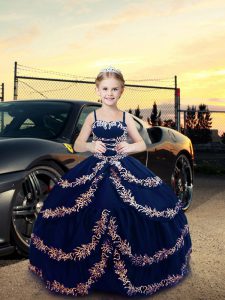 Custom Designed Navy Blue Lace Up Little Girls Pageant Gowns Embroidery Sleeveless Floor Length
