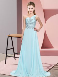 Light Blue Sleeveless Floor Length Beading Side Zipper Custom Made Pageant Dress
