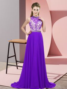 Purple Empire Beading Prom Party Dress Backless Chiffon Sleeveless