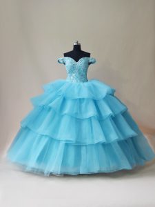 Off The Shoulder Sleeveless Quinceanera Dress Floor Length Beading and Ruffled Layers Aqua Blue Organza and Tulle