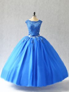 Admirable Blue Sweet 16 Dress Sweet 16 and Quinceanera with Beading and Appliques Scoop Sleeveless Lace Up