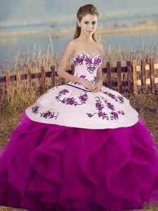 Sleeveless Floor Length Embroidery and Ruffles and Bowknot Lace Up Quinceanera Gowns with Fuchsia