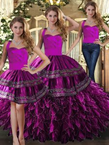 Fuchsia Organza Lace Up Halter Top Sleeveless Floor Length Sweet 16 Dress Embroidery and Ruffles