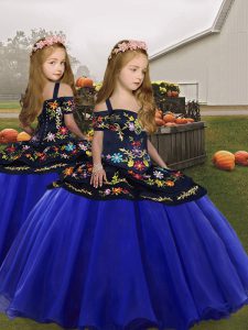 Royal Blue Lace Up Kids Pageant Dress Embroidery and Ruffles Sleeveless Floor Length
