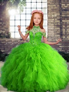 Most Popular Tulle Lace Up Kids Formal Wear Sleeveless Floor Length Beading and Ruffles