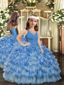 Floor Length Blue Pageant Dress for Womens Organza Sleeveless Ruffled Layers