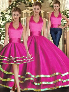 Cute Tulle Halter Top Sleeveless Lace Up Ruffled Layers Quinceanera Dress in Fuchsia