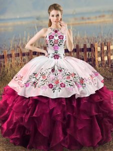 Amazing Fuchsia Ball Gowns Halter Top Sleeveless Organza Floor Length Lace Up Embroidery and Ruffles Sweet 16 Dresses