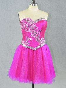 Sleeveless Mini Length Beading Lace Up Prom Dress with Fuchsia