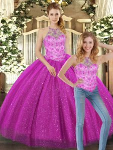 Tulle Halter Top Sleeveless Lace Up Beading 15 Quinceanera Dress in Fuchsia