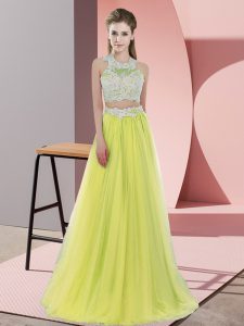 Super Yellow Tulle Zipper Halter Top Sleeveless Floor Length Bridesmaids Dress Lace