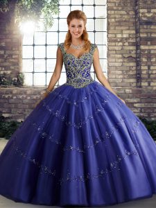 Ideal Purple Straps Lace Up Beading and Appliques Quinceanera Dress Sleeveless
