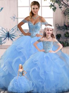 Custom Designed Blue Quinceanera Dress Sweet 16 and Quinceanera with Beading and Ruffles Off The Shoulder Sleeveless Lace Up