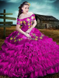 High Quality Fuchsia Sleeveless Organza Lace Up Quinceanera Gowns for Sweet 16 and Quinceanera