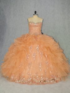 Nice Orange Ball Gowns Organza Sweetheart Sleeveless Beading and Ruffles Lace Up 15th Birthday Dress