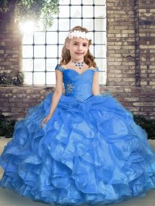 Straps Sleeveless Organza High School Pageant Dress Beading and Ruffles and Ruching Lace Up