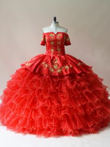Modest Ball Gowns Quinceanera Dresses Red Off The Shoulder Organza Sleeveless Floor Length Lace Up