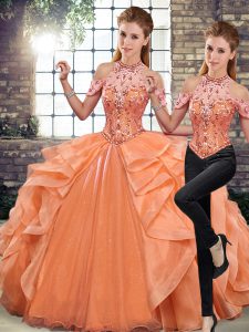 Orange Sleeveless Beading and Ruffles Floor Length Quinceanera Dress