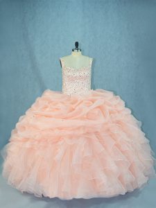 Excellent Peach Lace Up Sweet 16 Quinceanera Dress Beading Sleeveless