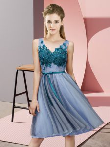Blue Sleeveless Knee Length Appliques Lace Up Quinceanera Dama Dress