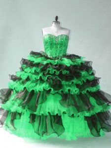Comfortable Sweetheart Sleeveless Quinceanera Dresses Floor Length Beading and Ruffled Layers Green Organza